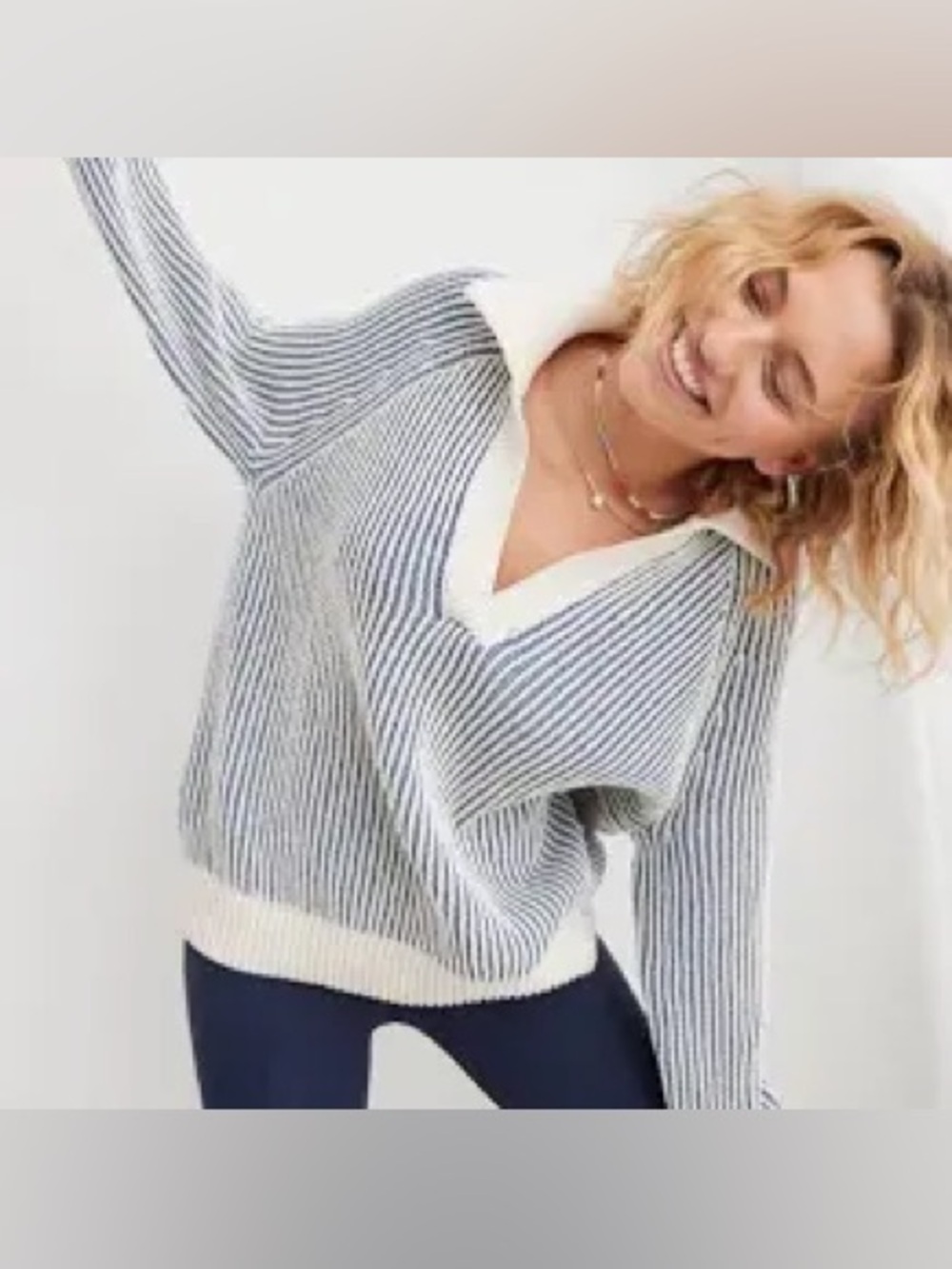 Aerie Oversized Blue Ivory Ribbed Polo Sweater Coastal Nautical Preppy Medium
